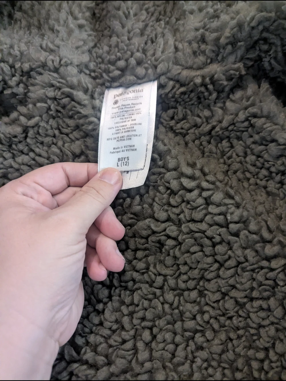 Patagonia Kids Infurno Navy Puffer Jacket with Olive Fleece Lining